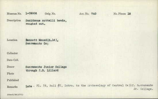 Documentation associated with Hearst Museum object titled Beads, accession number 1-39906, described as Saxidomus nuttalli, roughed out.