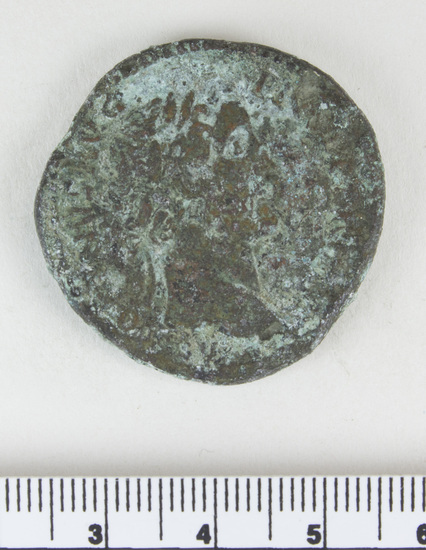 Hearst Museum object 12 of 14 titled Coin: æ antoninianus, accession number 8-4012, described as Coin; AE; Antoninianus; Roman. Antoninus Pius, 152-153 AD. Rome, Italy. Obverse: ANTONINVS AVG  PIVS PP TR P XVI, Bust r. radiate. Reverse: INDVLGENTI  AAVG COS IIII Indulgentia seated l.; in exergue, S C.