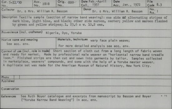 Documentation associated with Hearst Museum object titled Textile sample, accession number 5-11200, described as textile sample (section of narrow band weaving):  one side of alternating stripes of dark blue, light blue, and black;  other side maroon, center; yellow and maroon flanked by green and yellow stripes;  l. 23.6 x w. 10.2 cms.