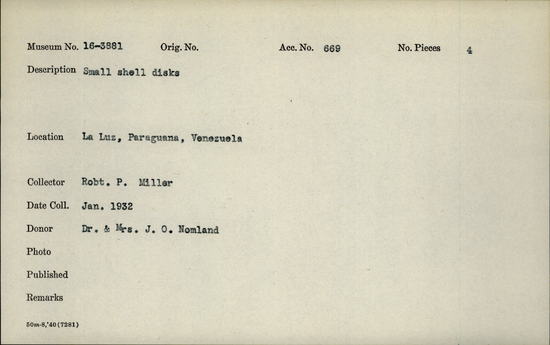 Documentation associated with Hearst Museum object titled Disk, accession number 16-3881, described as Small shell disks