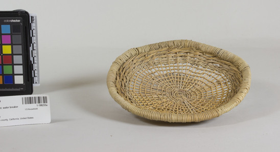 Hearst Museum object titled Water breaker, accession number 1-198233a, described as Water breaker basket, open-work, twined, with wrapped rim. Not used.