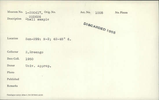 Documentation associated with Hearst Museum object titled Shell sample, accession number 1-200620, described as Shell sample.