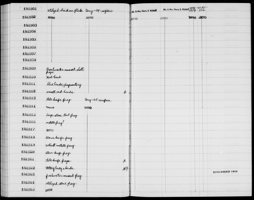 Documentation associated with Hearst Museum object titled Shell fragment, accession number 1-181523, described as Freshwater mussel fragment.  Anadonta sp.