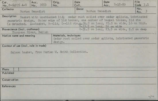 Documentation associated with Hearst Museum object titled Basket with lid, accession number 2-64935a-c, described as With unattached lid. Cedar root coiled over cedar splints, imbricated geometric design. Outer edge of lid broken, one corner of basket broken, lid rim is detached. (a) Basket, (b) lid, (c) lid rim.