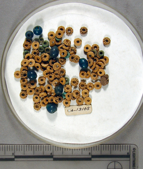 Hearst Museum object 1 of 4 titled Beads, accession number 6-19105, described as beads: buff and blue shell discs, blue spherical (7)