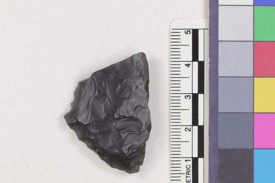 Hearst Museum object 2 of 2 titled Projectile point fragment, accession number 16-14364, described as Projectile point fragment; obsidian; triangular; weight: 9.15 grams; length: 3.4 cm; width: 3.07 cm; depth: 0.81 cm; convex sides; broken base.