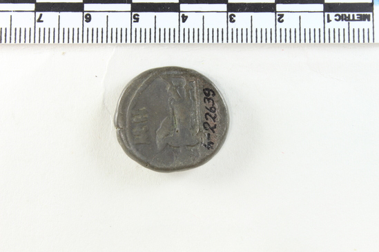 Hearst Museum object 5 of 5 titled Coin: billon tetradrachm, accession number 6-22639, described as Obverse; Head of Vespasian, right, laureate.  [LA] to right.  Reverse; Roma standing left.  border