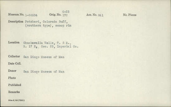 Documentation associated with Hearst Museum object titled Potsherd, accession number 1-66534, described as Colorado Buff, (southern type), scoop rim.