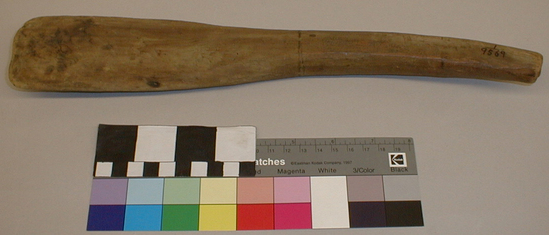 Hearst Museum object titled Paddle, accession number 1-9569, described as Handcarved of wood.  Flat distal end curving to round proximal end.