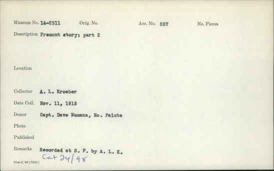 Documentation associated with Hearst Museum object titled Wax cylinder recording, accession number 14-2311, described as Fremont story, part 2.