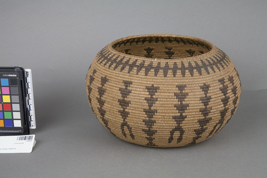 Hearst Museum object 2 of 2 titled Basket, accession number 1-22620, described as Coiled basket with inverted triangle design in parallel columns.