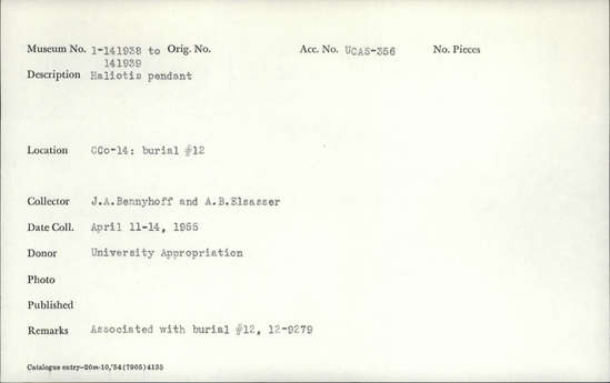 Documentation associated with Hearst Museum object titled Pendant, accession number 1-141938, described as Haliotis pendant.