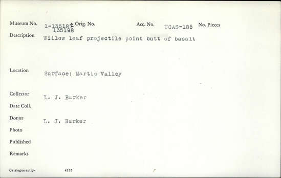 Documentation associated with Hearst Museum object titled Projectile point butt, accession number 1-135189, described as Willow leaf projectile point butt of basalt.