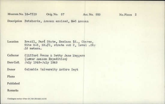 Documentation associated with Hearst Museum object titled Potsherds, accession number 16-7319, described as Potsherds; Acauan excised