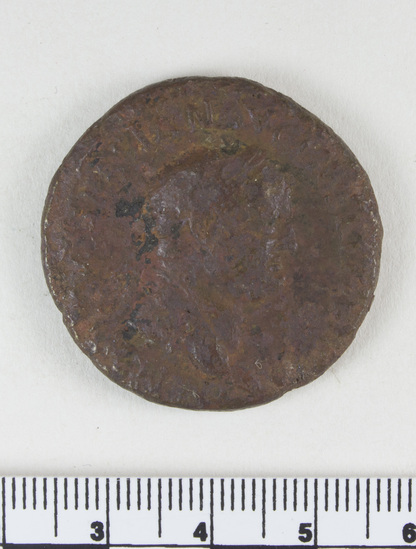 Hearst Museum object 4 of 8 titled Coin: æ sestertius, accession number 8-6040, described as Coin: Sestertius; Æ; Vespasian - 22.33 grams. Obverse: VESPASIAN AVG PM TRP ... head laureate facing right. Reverse: SC in field, figure walking right.