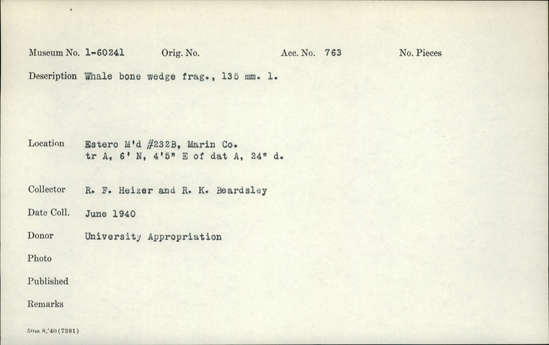 Documentation associated with Hearst Museum object titled Wedge fragment, accession number 1-60241, described as Whale bone. Notice: Image restricted due to its potentially sensitive nature. Contact Museum to request access.