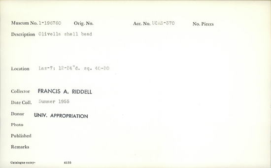 Documentation associated with Hearst Museum object titled Bead, accession number 1-196760, described as Olivella shell.