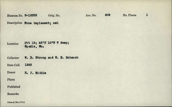 Documentation associated with Hearst Museum object titled Awl, accession number 2-12552, described as Bone implement; awl