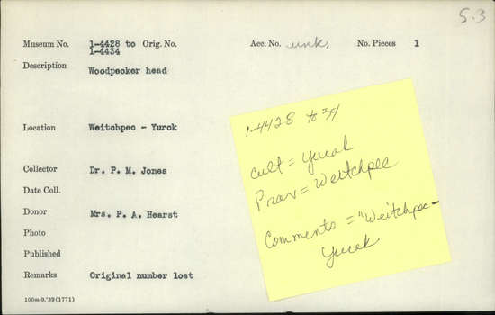 Documentation associated with Hearst Museum object titled Woodpecker head, accession number 1-4433, described as woodpecker head