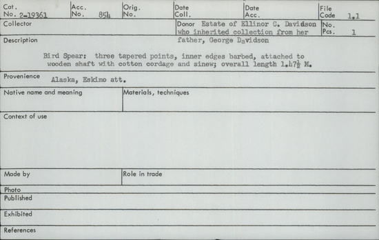 Documentation associated with Hearst Museum object titled Spear, accession number 2-19361, described as Three tapered points, inner edges barbed, attached to wooden shaft with cotton cordage and sinew.