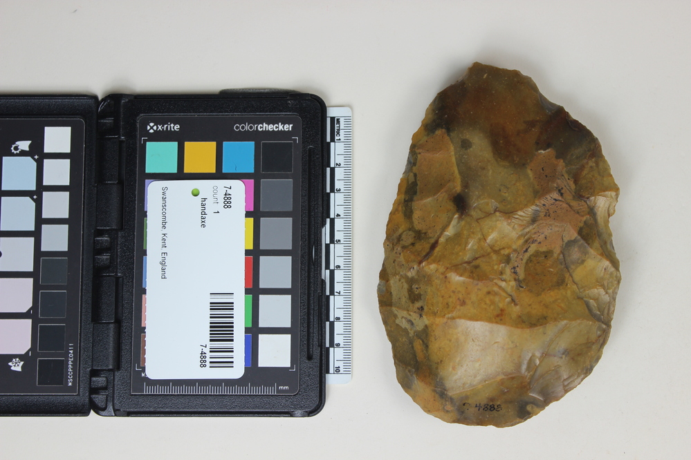 Hearst Museum object titled Handaxe, accession number 7-4888, described as Acheulian Ovate; greenish brown flint