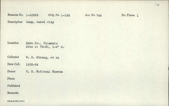 Documentation associated with Hearst Museum object titled Baked clay, accession number 1-52959, described as Lump, baked clay