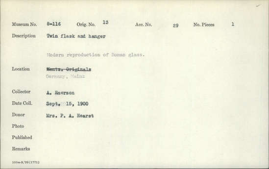Documentation associated with Hearst Museum object titled Twin flask and hanger, accession number 8-116, described as Twin flask and hanger (modern reproduction of Roman glass)