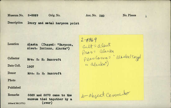 Documentation associated with Hearst Museum object titled Harpoon point, accession number 2-8869, described as Made of ivory and metal.