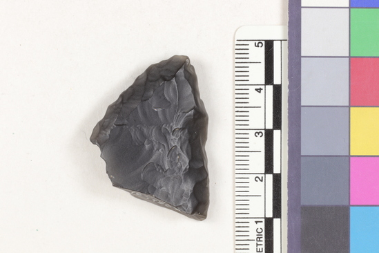 Hearst Museum object 1 of 2 titled Projectile point fragment, accession number 16-14364, described as Projectile point fragment; obsidian; triangular; weight: 9.15 grams; length: 3.4 cm; width: 3.07 cm; depth: 0.81 cm; convex sides; broken base.