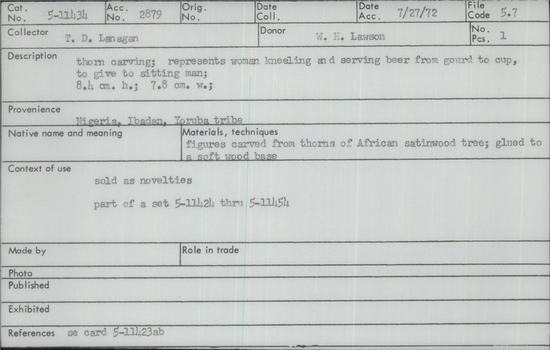 Documentation associated with Hearst Museum object titled Thorn carving, accession number 5-11434, described as thorn carving;  represents woman kneeling and serving beer from gourd to cup, to give to sitting man;  8.4 cm. h.; 7.8 cm. w.;