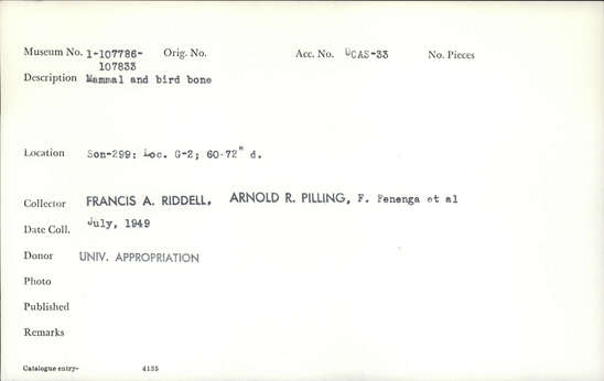 Documentation associated with Hearst Museum object titled Faunal remains, accession number 1-107803, described as Mammal and bird bone.