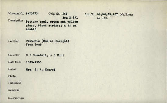 Documentation associated with Hearst Museum object titled Bowl, accession number 6-20273, described as Pottery bowl, green and yellow glaze, black stripes; diameter 12 cm. Arabic.