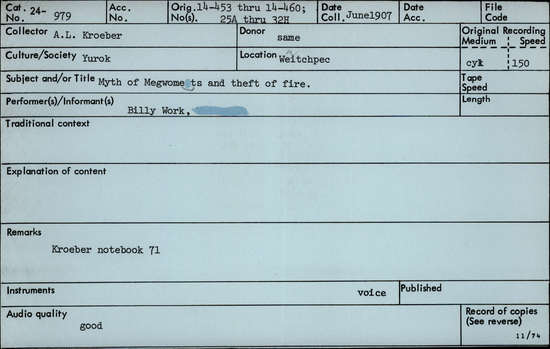 Documentation associated with Hearst Museum object titled Audio recording, accession number 24-979, described as Myth of Megwomets and Theft of Fire