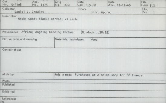 Documentation associated with Hearst Museum object titled Face mask, accession number 5-4408, described as Mask; wood; black; carved 21 cm h.