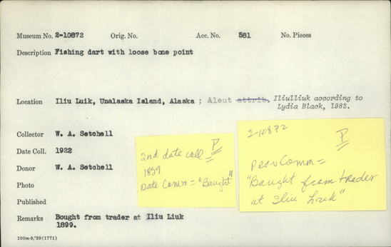 Documentation associated with Hearst Museum object titled Dart, accession number 2-10872a-c, described as With loose bone point.