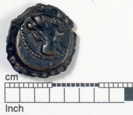 Hearst Museum object titled Coin: æ, accession number 8-4808, described as Coin; AE; Greek. 6.13 grams, 16 mm. 175-162 BC, Antiochus IV or Antiochus V. Syria. Obverse: bust of Demeter r. veiled. Reverse: ΒΑΣΙΛ[ /ΑΝΤΙΟ[, head of elephant l. trunk rampant.
