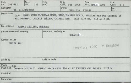 Documentation associated with Hearst Museum object titled Jar, accession number 1-13792, described as Small with globular neck; wide, flaring mouth; angular and dot designs in red pigment.  Largely effaced.  Chipped rim.  Ceramic.