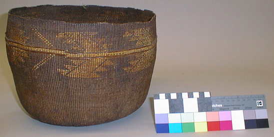 Hearst Museum object titled Cooking basket, accession number 1-11829, described as Cooking basket; twined. Warp is Hazel (Corylus cornuta californica), weft is Sugar pine root (Pinus lambertiana). White pattern is Beargrass (Xerophyllum tenax).