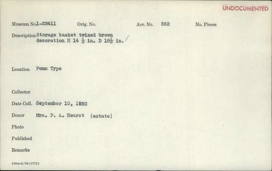 Documentation associated with Hearst Museum object titled Storage basket, accession number 1-22411, described as Twined, brown pattern.