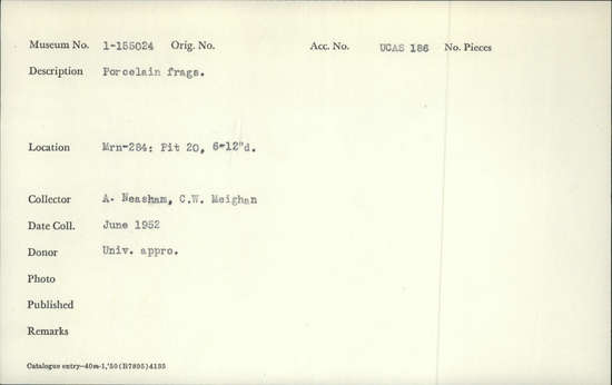 Documentation associated with Hearst Museum object titled Porcelain fragments, accession number 1-155024, described as Porcelain fragments. Notice: Image restricted due to its potentially sensitive nature. Contact Museum to request access.