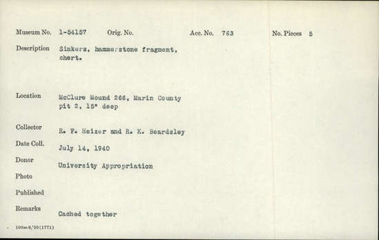 Documentation associated with Hearst Museum object titled Sinkers, hammerstone fragment, stone, accession number 1-54157, described as Sinkers, hammerstone fragment, chert. Notice: Image restricted due to its potentially sensitive nature. Contact Museum to request access.