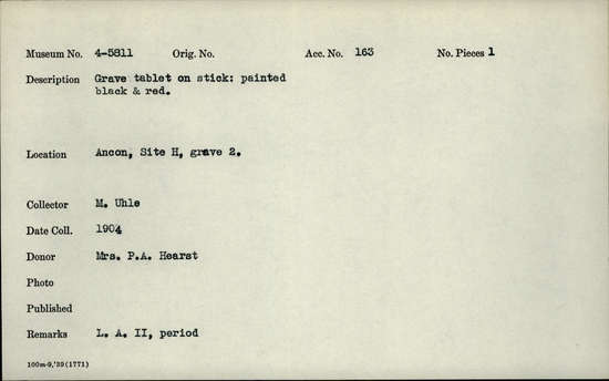 Documentation associated with Hearst Museum object titled Tablet: grave, accession number 4-5811, no description available.