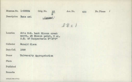 Documentation associated with Hearst Museum object titled Awl, accession number 1-33554, described as Bone.