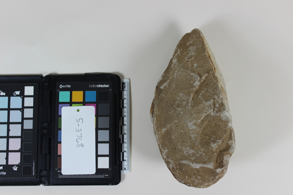 Hearst Museum object 3 of 3 titled Handaxe, accession number 5-3768, described as Hand-axe; fine, hard-grained sandstone; 17.0 x 9.0 cm.