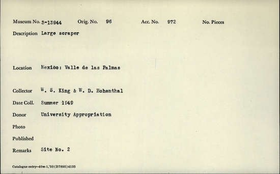 Documentation associated with Hearst Museum object titled Scraper, accession number 3-13944, described as Large scraper.