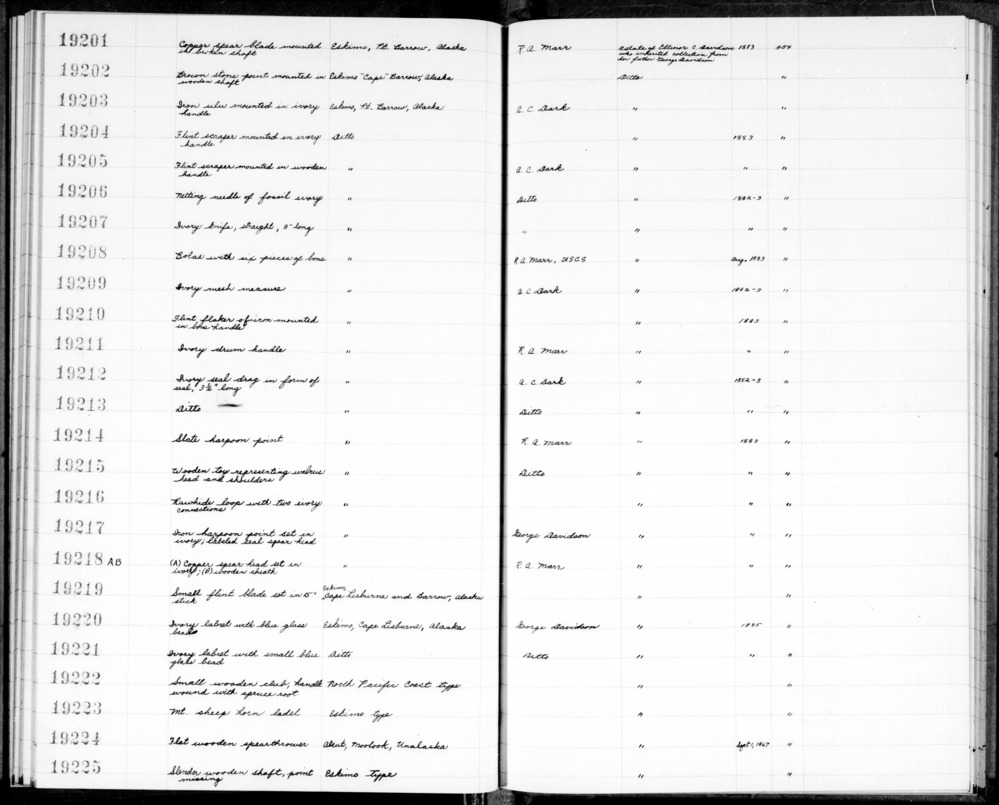 Documentation associated with Hearst Museum object titled Harpoon point, accession number 2-19214, described as Slate harpoon or lance point.