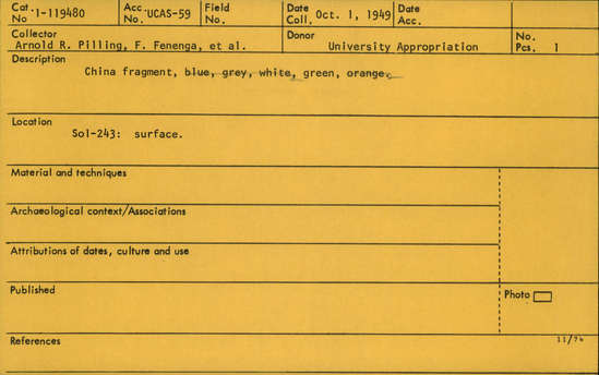 Documentation associated with Hearst Museum object titled China fragment, accession number 1-119480, described as From ledger:  Green.