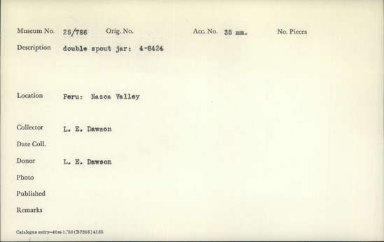 Documentation associated with Hearst Museum object titled Color slide, accession number 25-786, described as double spout jar: 4-8424