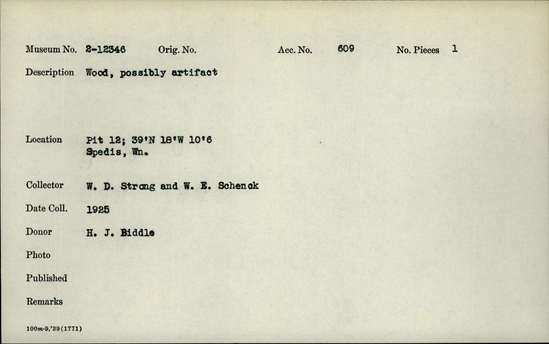 Documentation associated with Hearst Museum object titled Wood, accession number 2-12346, described as Wood, possibly artifact.