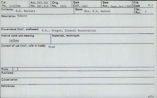 Documentation associated with Hearst Museum object titled Tubers, accession number 1-12706, described as (Laihas)